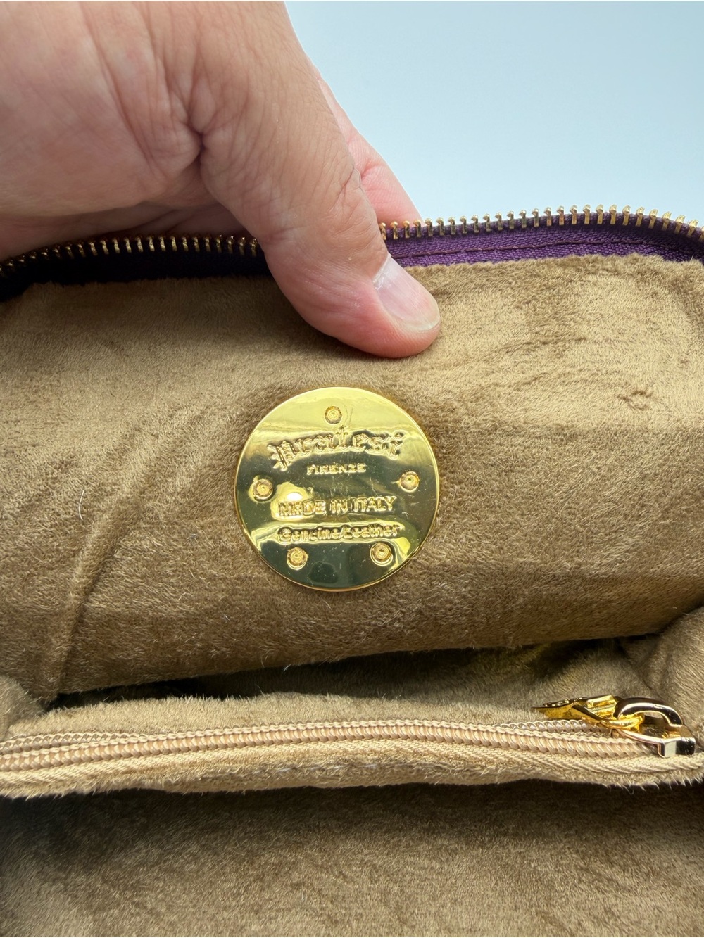 Pratesi Firenze Croc-Embossed Plum Cosmetic Case with Gold Crest Accent - Picture 7 of 8